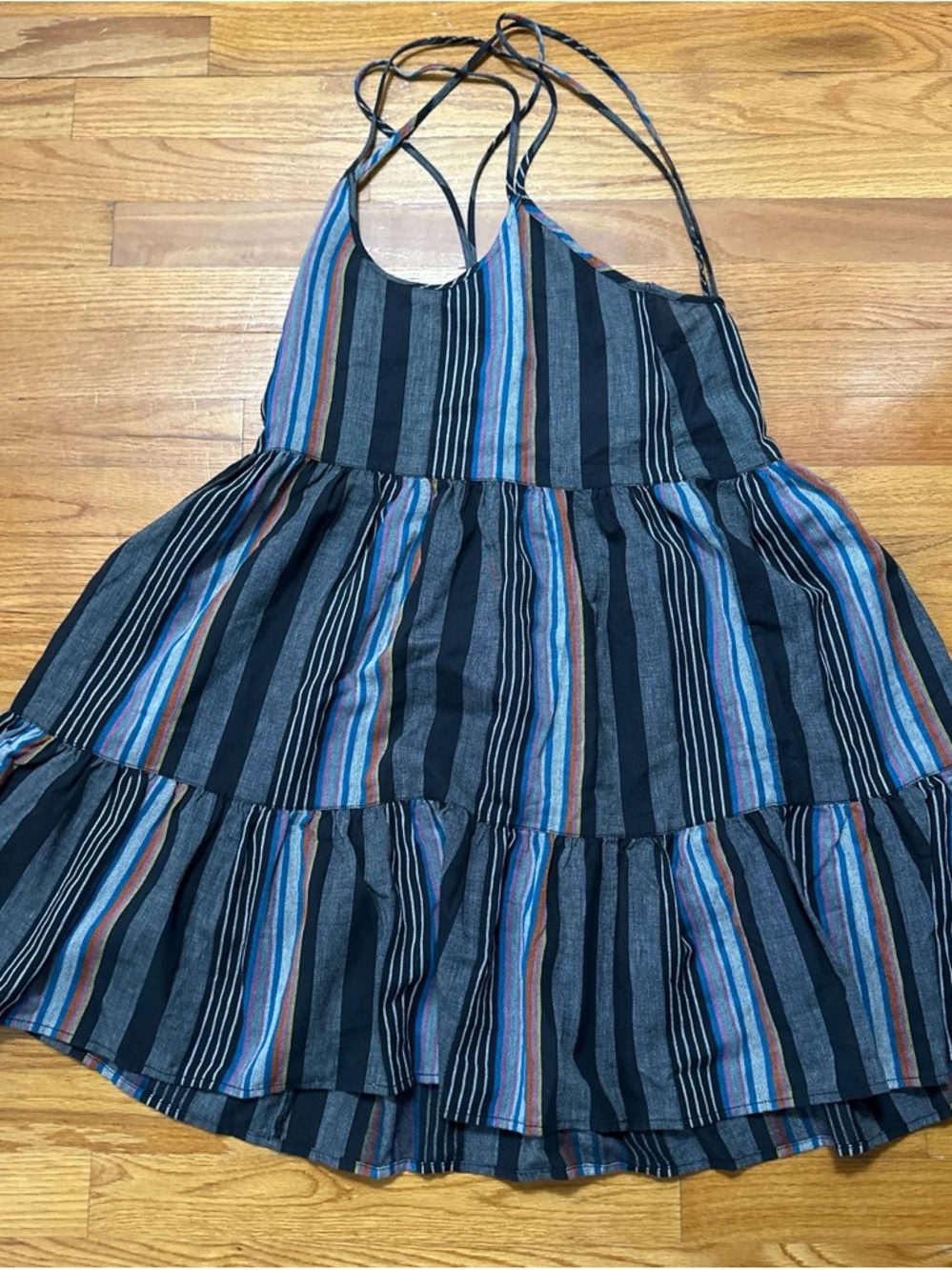 Outerknown Black Striped Dress with Teal and Rust Accents